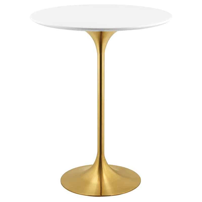 Modern gold bar table with white round top available for rent in Denver.