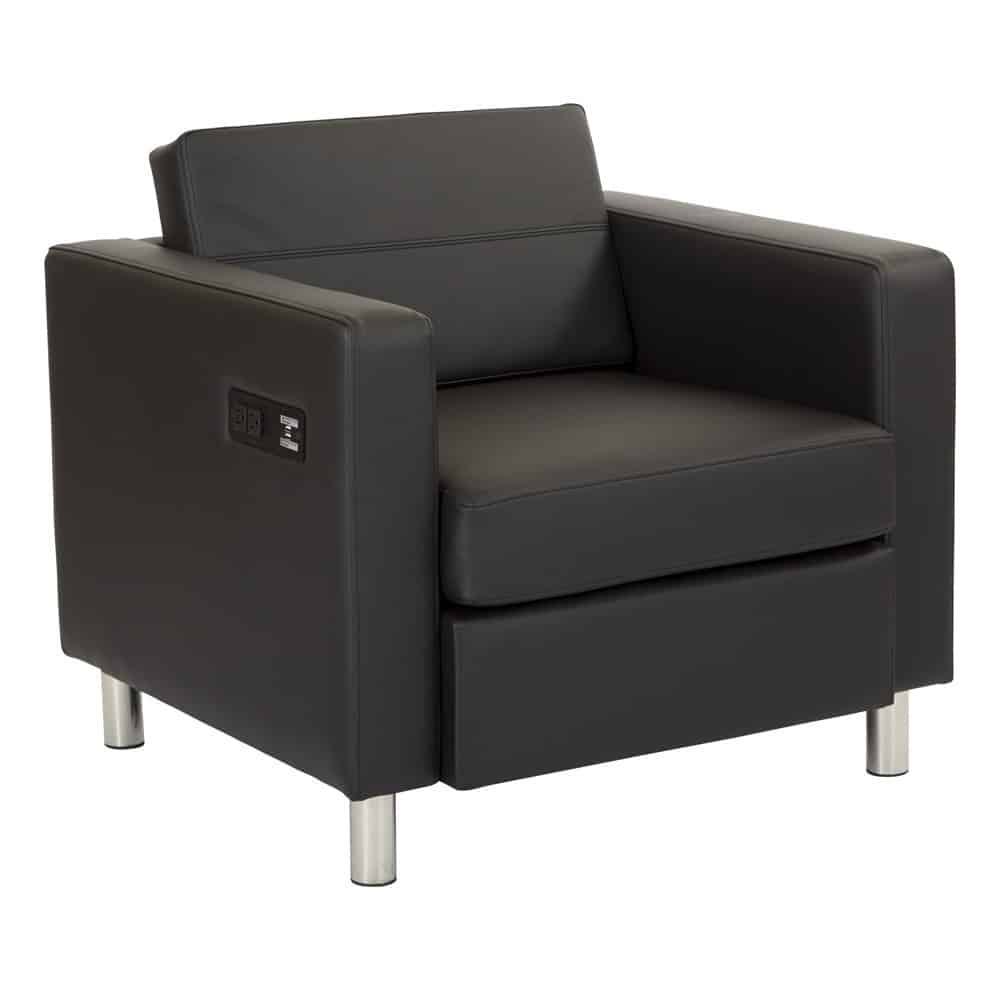 sleek black leather armchair with built-in charging ports and chrome legs, ideal for modern office or event rentals in Denver.