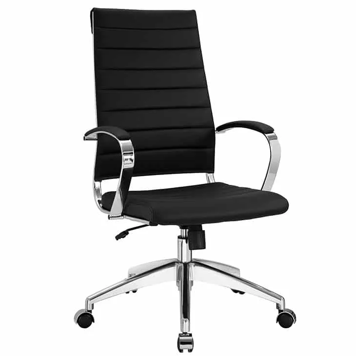 Black executive conference chair for rental with chrome base and wheels