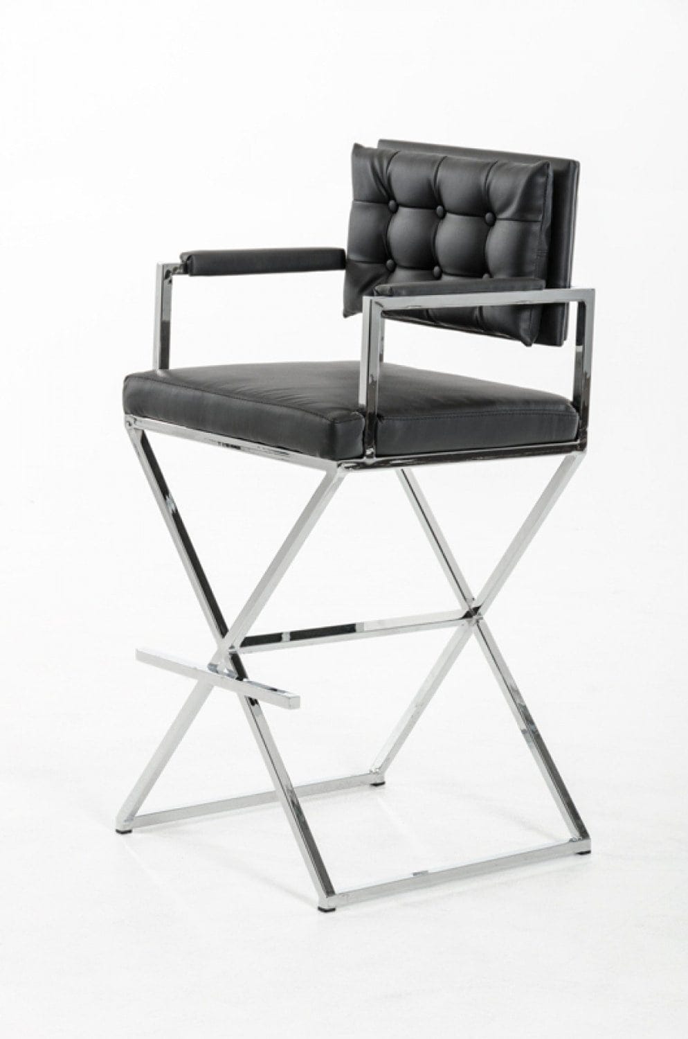 A modern black leather bar stool with a tufted backrest, chrome metal frame, and X-shaped legs.