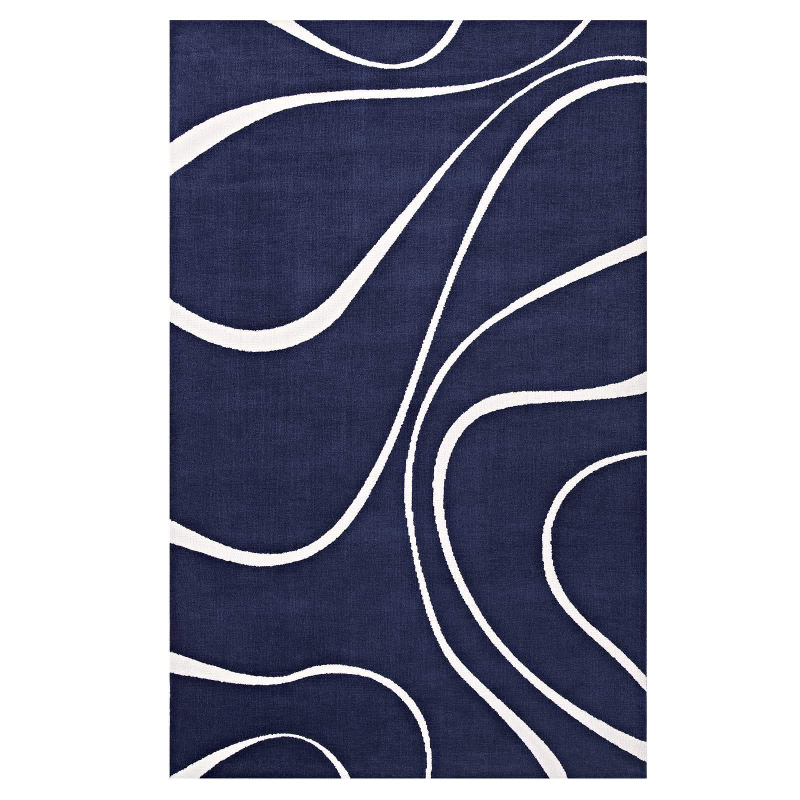A modern navy blue rug with white abstract wavy patterns.