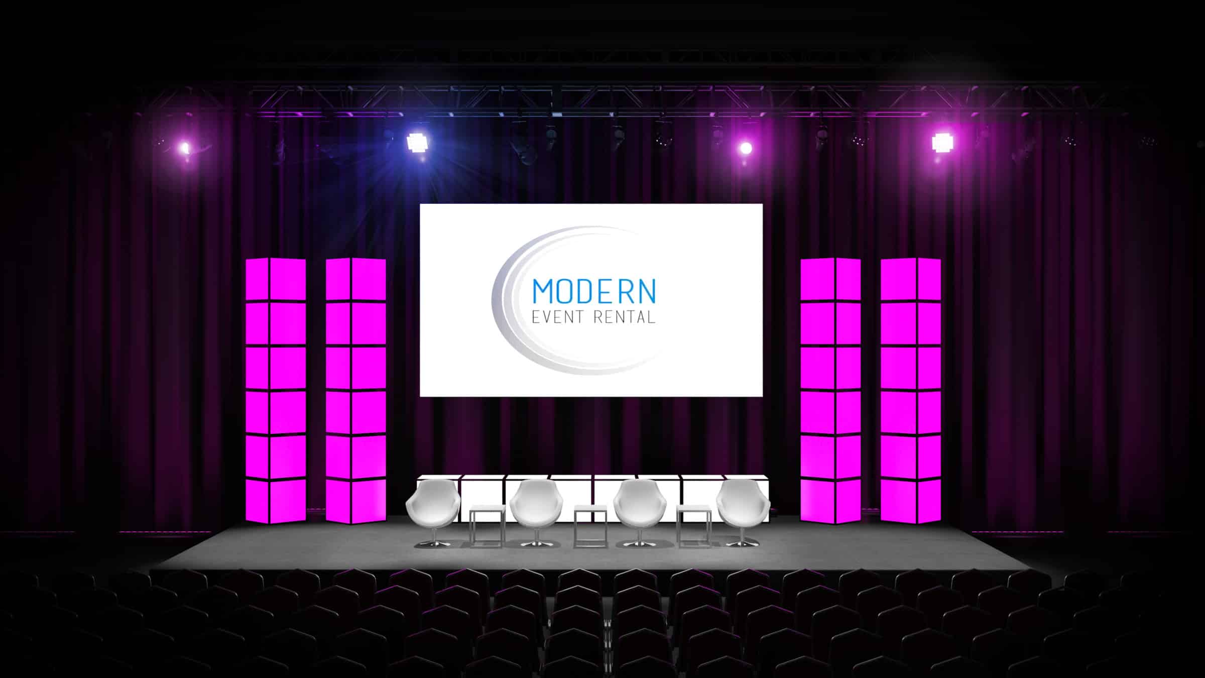 Stage set rentals in Denver with modern lighting and seating arrangement